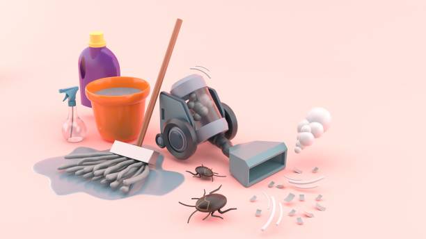 vacuum cleaner Suck up the dirt surrounded by mops, buckets of water, cleaners and cockroaches on a pink background.Illustration style pop minimal.3d rendering stock photo