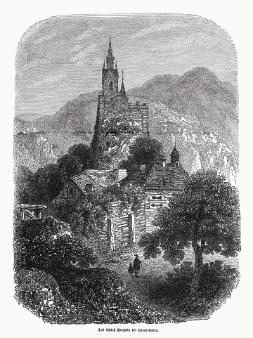Historical view of the Castle of Eberstein near Baden-Baden, Baden-Württemberg in Germany. Wood engraving, published in 1870.