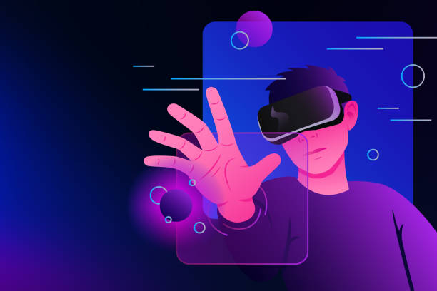 ilustrações de stock, clip art, desenhos animados e ícones de metaverse exploration. alternative reality. man in vr goggles web illustration. - virtual reality simulator