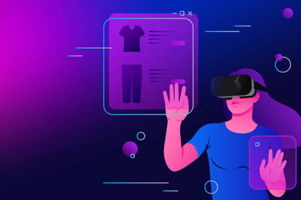 ilustrações de stock, clip art, desenhos animados e ícones de shopping in virtual reality. woman in goggles purchasing online. metaverse illustration - virtual reality simulator