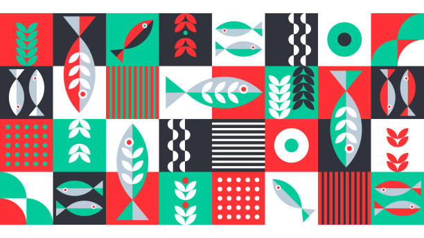 ilustrações, clipart, desenhos animados e ícones de fundo geométrico marinho com peixes coloridos e algas marinhas. ilustração do mundo subaquático - seaweed seamless striped backgrounds