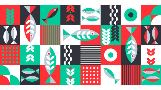 морской геометрический фон с красочными рыбами и водорослями. иллюстрация подводного мира - seaweed seamless striped backgrounds stock illustrations