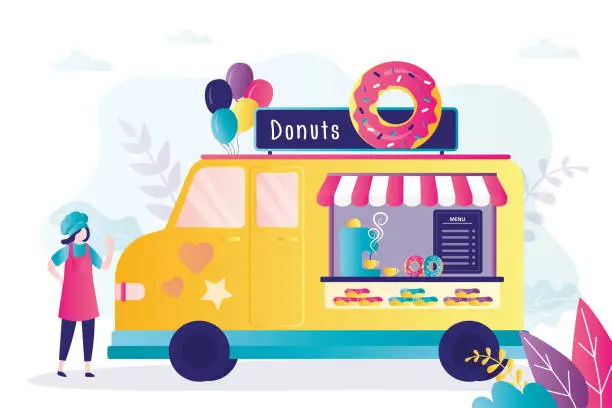 Vector illustration of Cute woman works as seller in trailer with desserts. Small business concept. Various donuts on food truck showcase
