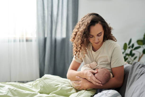 young careful mother breastfeeding her cute baby while holding him on hands - 餵人奶 個照片及圖片檔