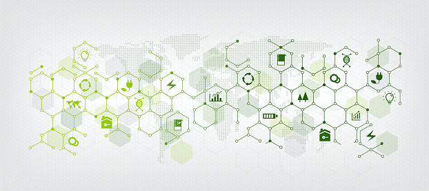 sustainable business or green business vector illustration background With the concept of connected icons related to environmental protection and sustainability. with hexagonal geometry