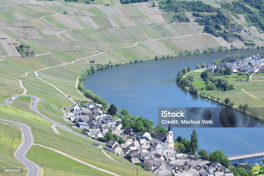 Mosel valley near Piesport in spring Rhineland-Palatinate Architecture Stock Photo