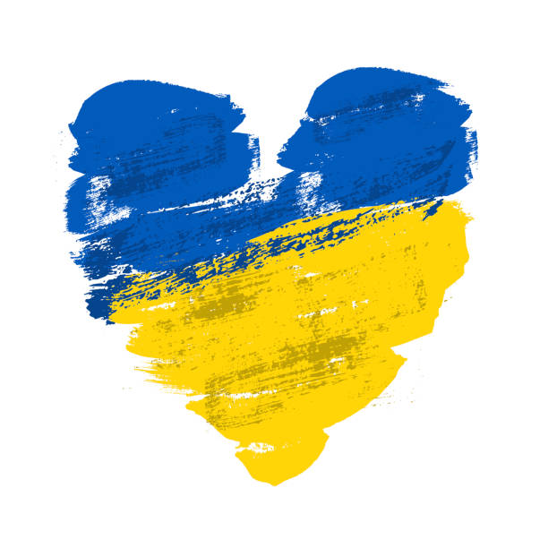 сине-желтый флаг украины цветными мазками кисти в форме сердца векторная иллюстрация выделена на белом фоне. - ukraine white background yellow blue stock illustrations