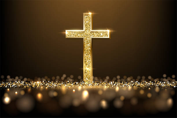 ilustrações de stock, clip art, desenhos animados e ícones de gold prayer cross realistic vector illustration. luxurious jewelry, elegant accessory under golden glitter rain. precious metal jewel on black background. christian faith, catholic religion symbol. - cross cross shape shiny gold