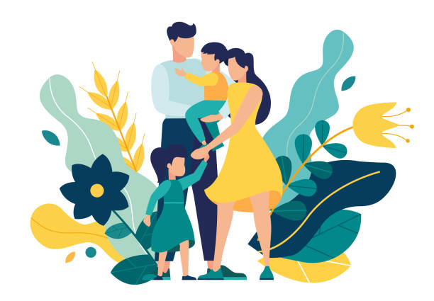 ilustraciones, imágenes clip art, dibujos animados e iconos de stock de familia feliz vector ilustración de familia feliz, madre padre hija hijo tomados de la mano y abrazando, vector familiar próspero completo - abrazo familia