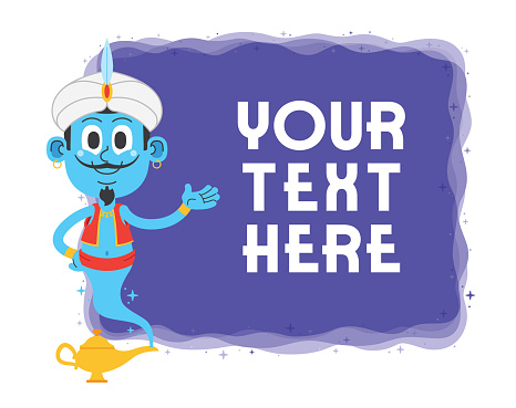 Vector illustration of a blue genie out of magic lamp banner with copy space isolated on a white background.