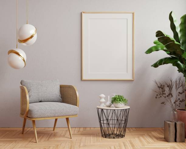 istock Mock up poster frame in modern interior on dark plaster wall background. 1387109704