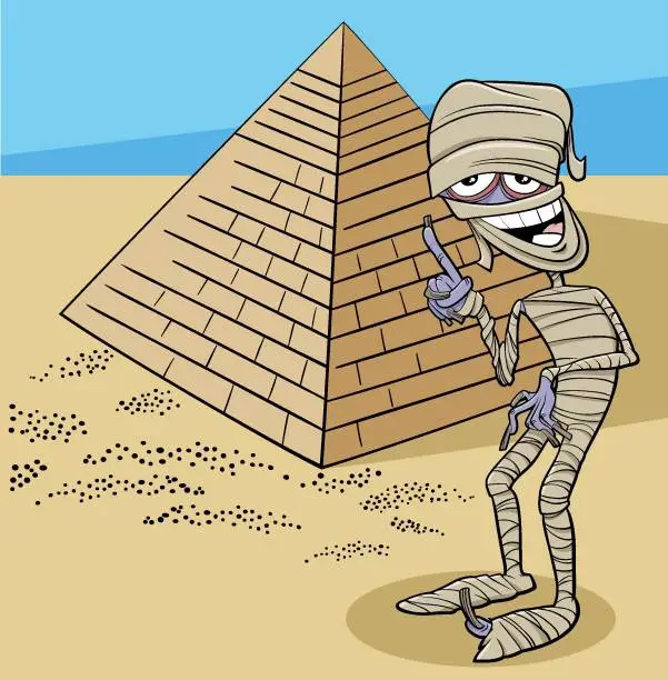 Vector illustration of cartoon mummy character and pyramid in the desert