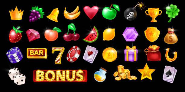 istock Casino slot icon set, virtual Vegas game fruit UI design elements, vector gambling machine badge kit. 1387114175