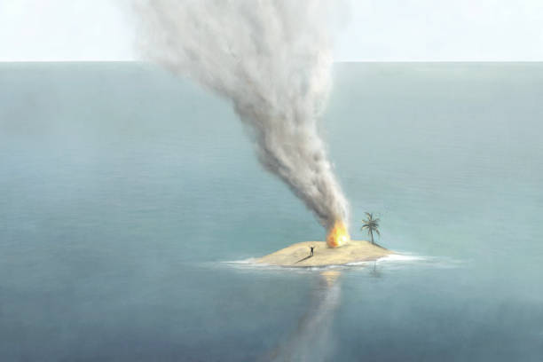 ilustracja samotnego mężczyzny na bezludnej małej wyspie proszącego o pomoc z sygnałami dymnymi, abstrakcyjna surrealistyczna koncepcja - castaway stock illustrations