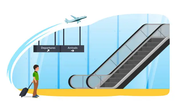 Vector illustration of Little boy dragging a suitcase, Airport Background,Airport security check-in.