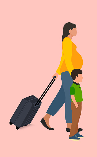 Vector detailed character of traveler .Pregnant woman with little boy dragging a suitcase