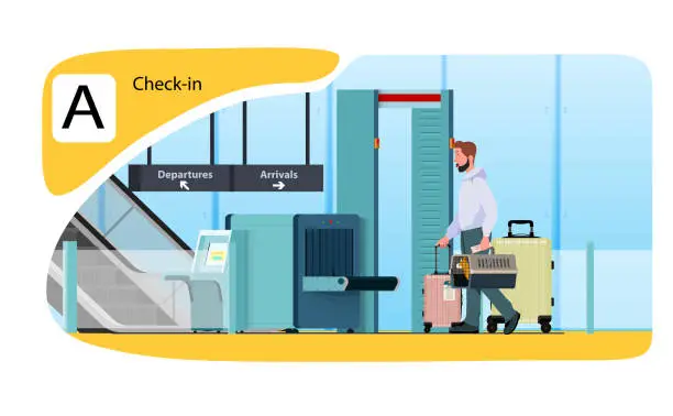 Vector illustration of Man dragging a suitcase and pet carrier in one hand, Airport Background,Airport security check-in.