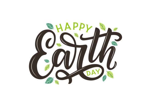 illustrazioni stock, clip art, cartoni animati e icone di tendenza di happy earth day poster di lettering disegnato a mano decorato da foglie. - earth day