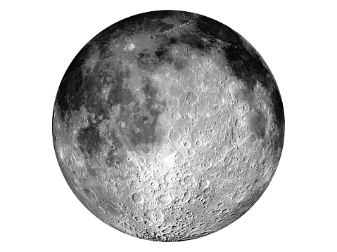 Photograph of the full moon, taken with a camera on a day of a large full moon. Craters, relief and characteristic areas of the moon