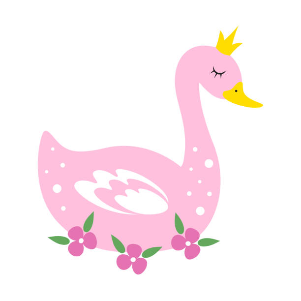ilustrações de stock, clip art, desenhos animados e ícones de cute pink swan in a crown with flowers. baby animals theme for nursery room, posters etc. baby shower girl. - swan princess cartoon crown