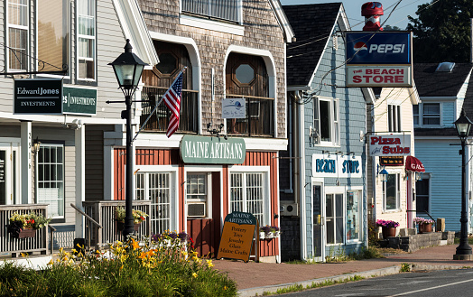 Lincolnville, Maine, USA - 2 August 2017: Main street stores in Lincolnville Maine a coastal community in the mid coast area of Maine USA.