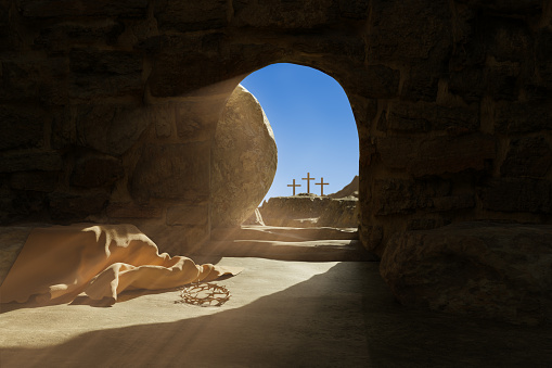 Resurrection of Jesus Christ. Bible story. The exit from the empty stone tomb is flooded with light. A thrown laurel wreath and a shroud on the floor. Religious Easter background. 3d illustration.