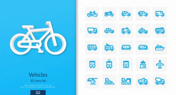 Vector illustration of Vector 3d realistic style icons set with vehicle, public transport and cars line symbol.