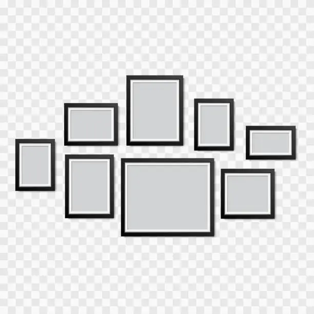 Vector illustration of Set of black blank picture frames hanging on a white wall. Vector