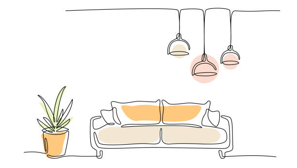 illustrations, cliparts, dessins animés et icônes de dessin au trait continu de canapé, lampe et plante avec des formes de couleur abstraites. une ligne intérieure salon avec mobilier moderne. élément à ligne unique contour de dessin à la main de l’illustration doodle intérieure - sofa vehicle interior domestic room residential structure