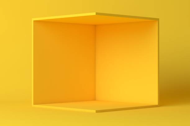 куб поле или угловой комнате внутренний сечение. белый пустой геометрический квадратный 3d пустой шаблон коробки - yellow box стоковые фото и изображения