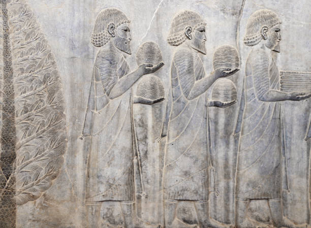 ancien mur avec bas-relief avec ambassadeurs étrangers assyriens avec cadeaux et dons, persépolis, iran - bas relief photos et images de collection