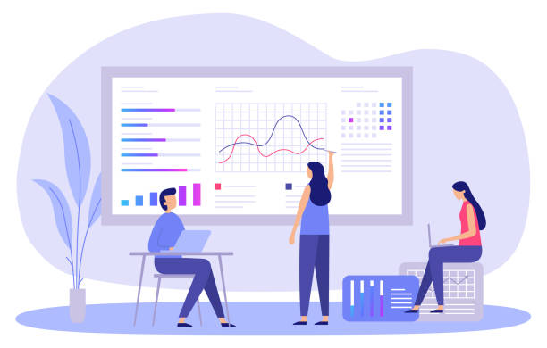 illustrazioni stock, clip art, cartoni animati e icone di tendenza di strategia di marketing aziendale. uomo e donna che analizzano i dati, facendo presentazione con grafici sugli investimenti - analyzing