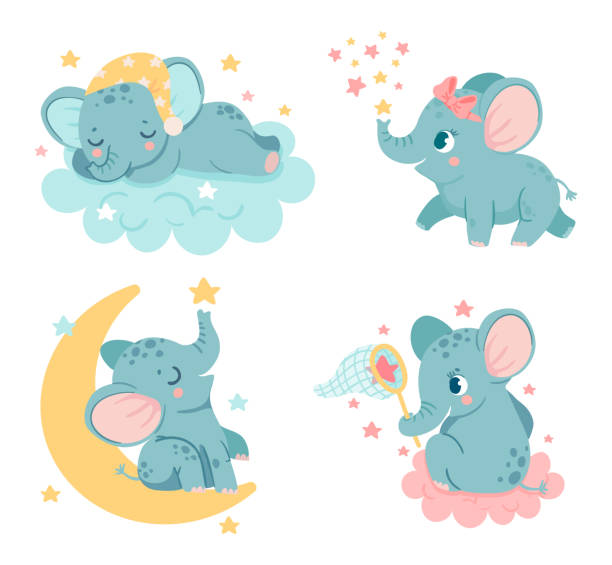 słodkie słonie z kreskówek. postacie dziecięce śniące, śpiące na puszystej chmurze. urocze zwierzę siedzące na księżycu - nowonarodzone zwierzę stock illustrations