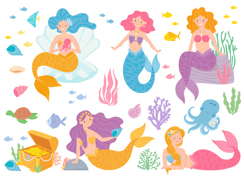 Cute mermaids. Beautiful girls living underwater with fish, turtle, corals and octopus. Mythical creatures