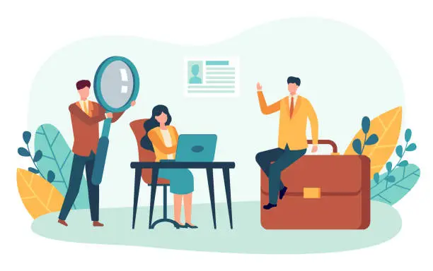 Vector illustration of Job interview. HR specialist checking candidate with magnifying glass. Hiring new employee. Worker sitting on briefcase