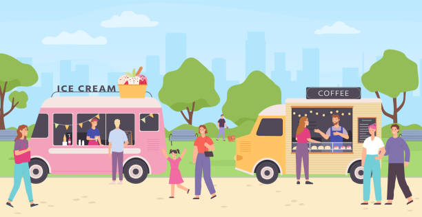 illustrazioni stock, clip art, cartoni animati e icone di tendenza di fornitore di chioschi. mercato di cibo di strada con camion che vendono prodotti da forno, bevande al caffè e gelati. persone che camminano nel parco e comprano snack - starbucks women walking restaurant