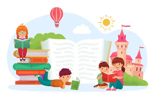 Vector illustration of Kids read book. Boys and girls reading children literature. Cute characters imagining medieval castle with flying hot air balloon