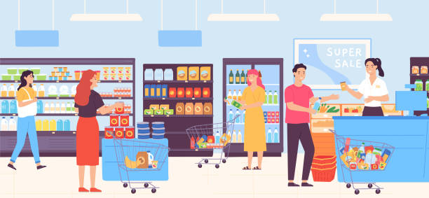 ilustrações de stock, clip art, desenhos animados e ícones de people in supermarket choosing food and putting in trolleys. man and woman buying products in grocery store - supermarket worker