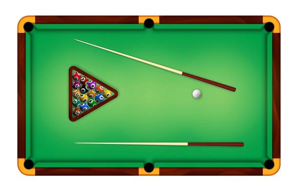 istock Billiard green table top view with balls and cue sticks. Realistic american pool game felt field for gamble sport tournament vector concept 1387125456