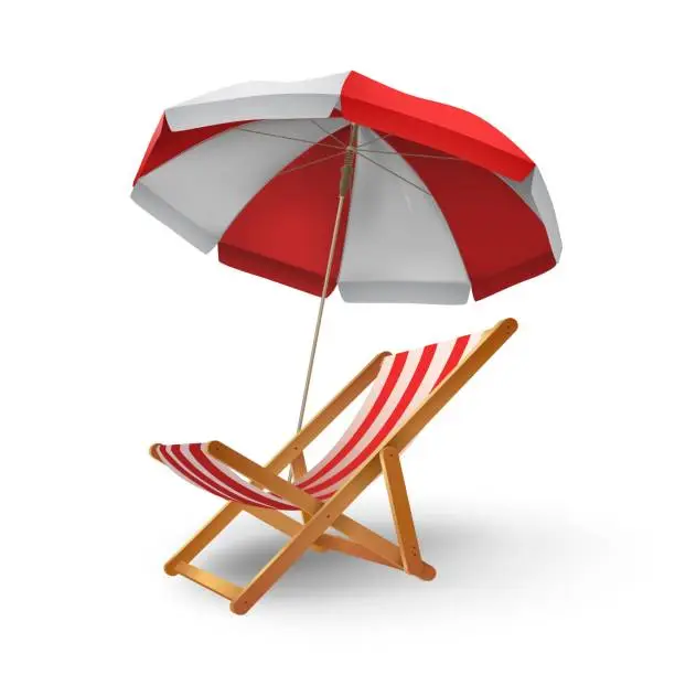 Vector illustration of Realistic beach parasol umbrella and chaise longue for vacation. Recliner chair under sunshade awning. 3d summer relaxation vector concept