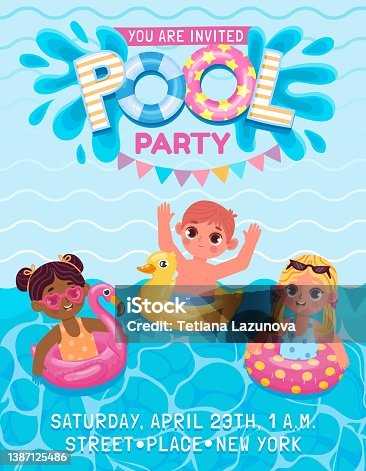 istock Pool birthday party invite poster with kids with inflatable rings. Summer swimming event for children. Cartoon vacation vector advertising 1387125486
