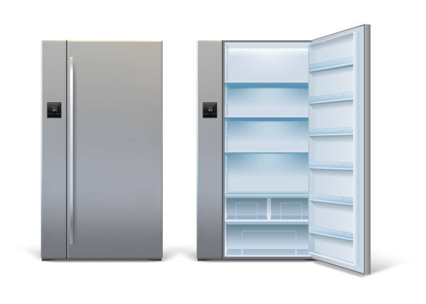 ilustrações de stock, clip art, desenhos animados e ícones de realistic open and closed modern refrigerator mockup with shelves. empty wide fridge with sensor panel. home kitchen refrigerator vector set - compartimento de armazenamento