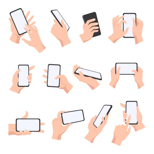Cartoon female or male hands hold smartphones with empty screens. Phone concept for mobile apps, video, social network and games vector set Cartoon female or male hands hold smartphones with empty screens. Phone concept for mobile apps, video, social network and games vector set. Touch screen device or gadget with hand gestures iphone hand stock illustrations
