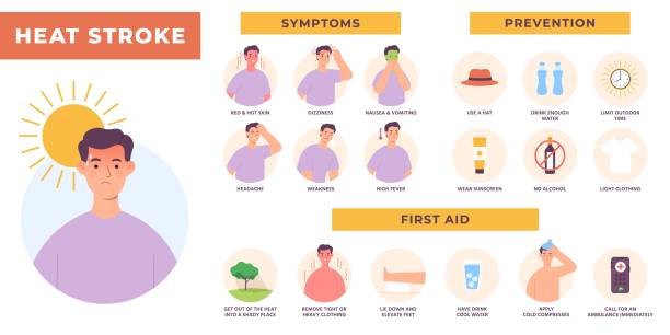 Heat stroke symptoms, prevention and first aid infographic. Sun overheating and dehydration. Hot summer health risk, sunstroke vector poster vector art illustration
