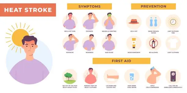 Vector illustration of Heat stroke symptoms, prevention and first aid infographic. Sun overheating and dehydration. Hot summer health risk, sunstroke vector poster