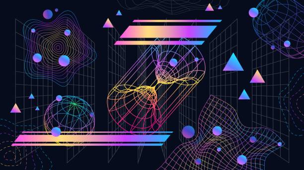 ilustrações, clipart, desenhos animados e ícones de fundo abstrato futurista neo futurista com grades e formas 3d. design cibernético retrô retrô gráfico neon. banner vetorial de tecnologia de jogo dos anos 90 - backgrounds cyberspace mathematical symbol mathematics