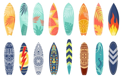 Cartoon surfing board with summer design and ethnic pattern. Surfboard with tropical leaf print, flame and lightning. Surf boards vector set. Sport leisure activity, holiday equipment