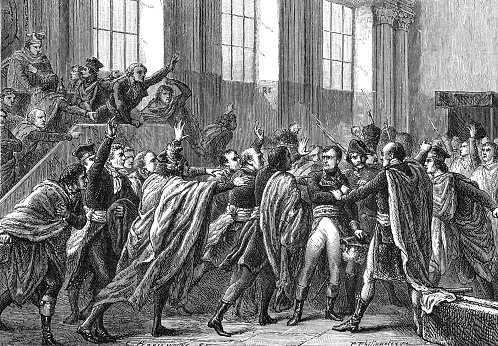 On the 18th Brumaire VIII of the French Revolutionary Calendar (9 November 1799) a coup d'état took place in France. Its consequences were the end of the Directory and with it the end of the French Revolution. Napoleon Bonaparte, as First Consul, became sole ruler. Illustration from 19th century.