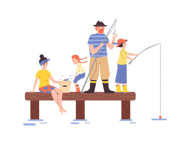 illustrazioni stock, clip art, cartoni animati e icone di tendenza di genitori con bambini che pescano da ponti piatti illustrazione vettoriale isolata. - nautical vessel fishing child image