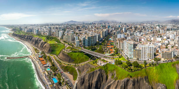 Aerial view of Lima city, Peru LIMA, PERU: Aerial view of Miraflores town, cliff and the Costa Verde high way peru city stock pictures, royalty-free photos & images